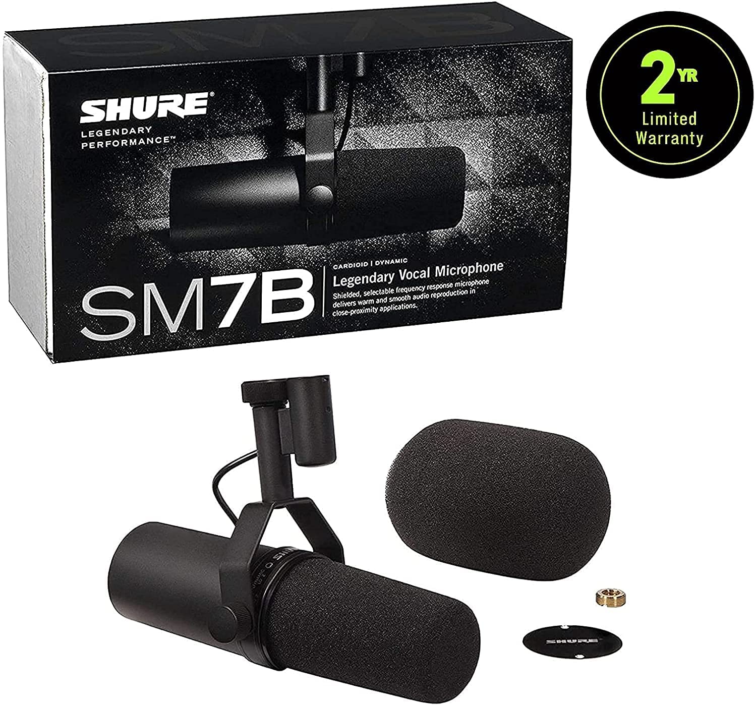 Shure SM7B Vocal Dynamic Microphone for Broadcast, Podcast  Recording, XLR  Studio Mic for Music  Speech, Wide-Range Frequency, Warm  Smooth Sound,  Rugged Construction, Detachable Windscreen – Black | Music N